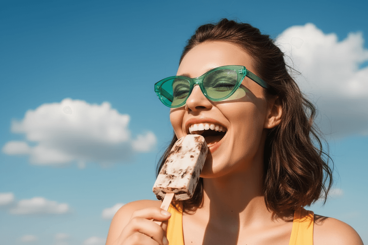 Woman with green sunglasses eating popsicle