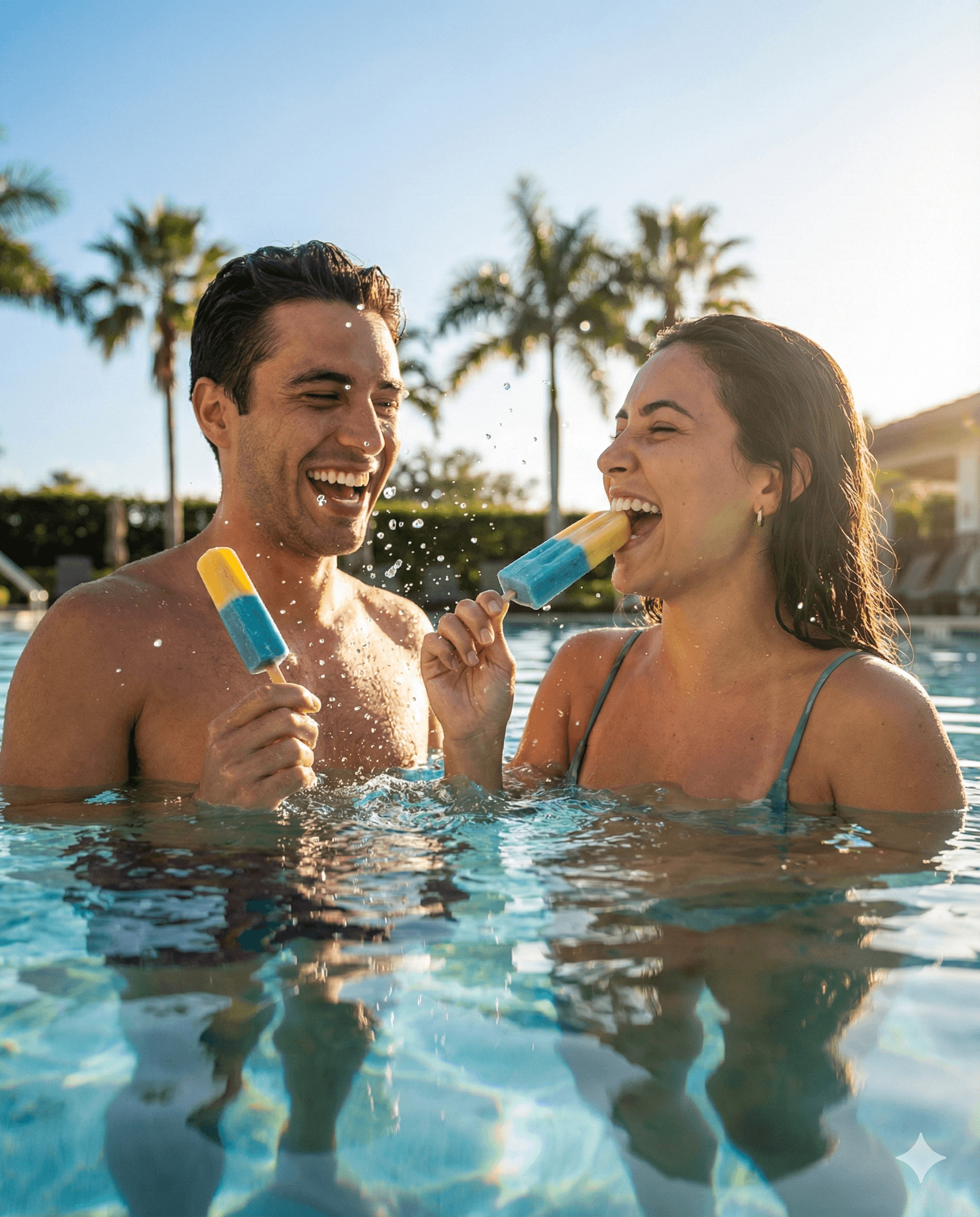 Couple in pool with popsicles